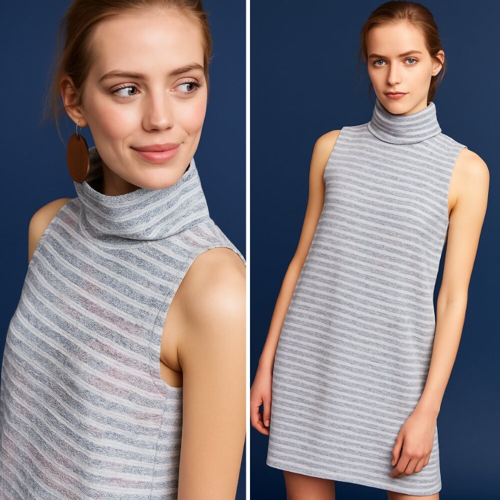 Anthropologie Sleeveless Turtleneck Mini Dress in Light Gray and White Stripes